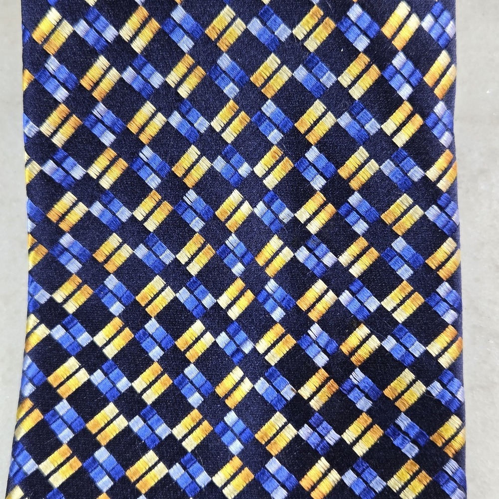 Allyn St. George Silk Tie Blue Gold Yellow Geometric Square Pattern Professional - Picture 2 of 7